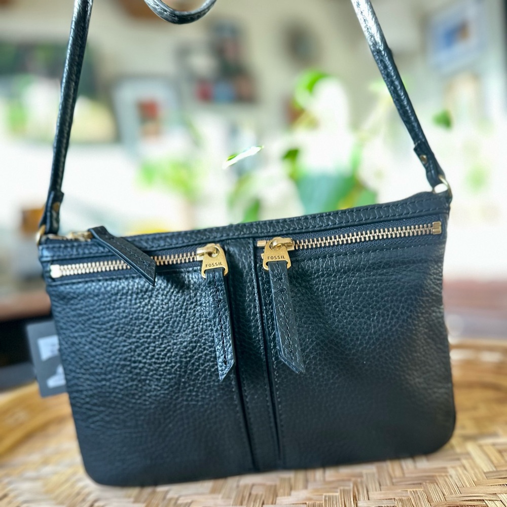 Fossil Black Pebbled Leather Crossbody Bag Double Zip Purse Adjustable Strap